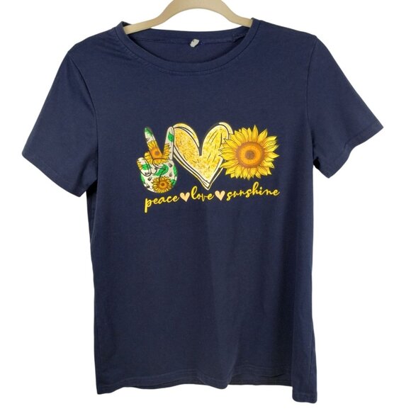 Womens Small Peace Love and Sunshine Graphic Tee Shirt Navy Blue - Picture 1 of 6